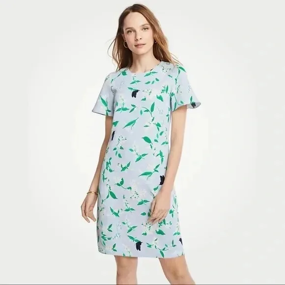 Ann Taylor Floral Flutter Sleeve T-Shirt Dress